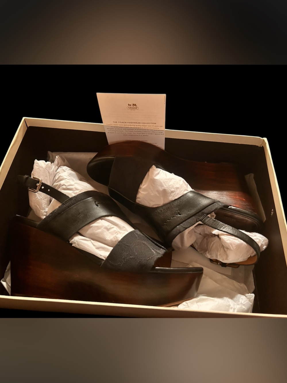 New COACH Campbell- Black Leather Signature Jacquard Platform Wedges size 9